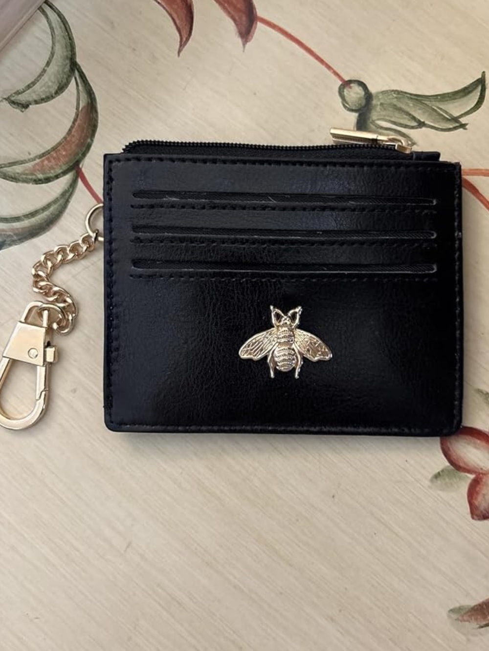 Black Vegan Leather Card Holder with Gold Bee Accent